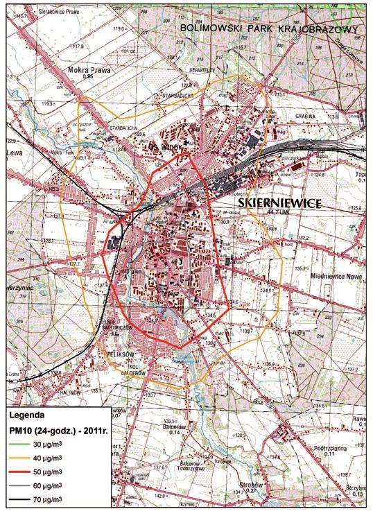 Obszary przekroczeń wyznaczono na podstawie obliczeń modelowych dyspersji zanieczyszczeń w powietrzu z uwzględnieniem przemian fizykochemicznych wyemitowanych substancji w atmosferze.