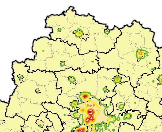 Stan Mapa III.36 Rozkład przestrzenny pól imisji pyłu PM2,5 w województwie łódzkim w 2011 r. W Piotrkowie trybunalskim obszar przekroczeń obejmował powierzchnię 0,3km2.