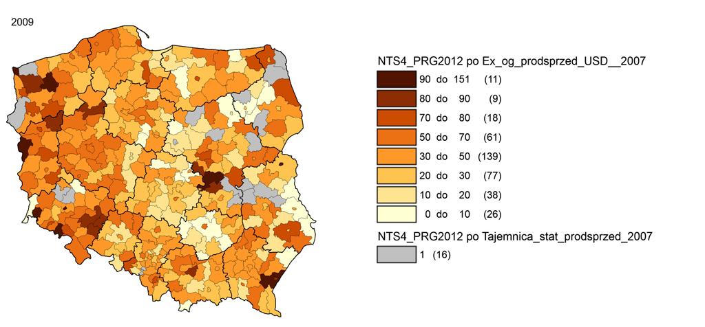 Udział eksportu w produkcji sprzedanej w % (2009) Źródło: Komornicki T., Zaucha J., Szejgiec B., Wiśniewski R.