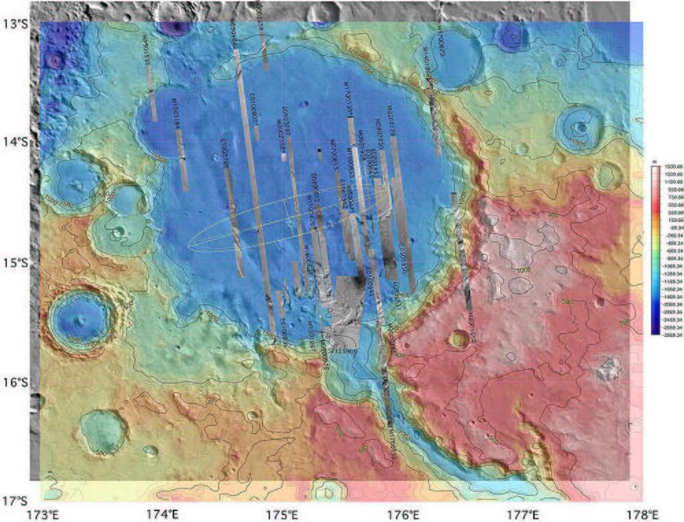 Obszar ladowania dla Spirit Krater Gusev i jego okolice. Różnica poziomów - ok. 3 000m.