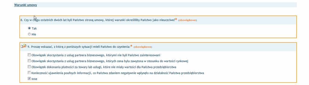 Następna część jest bardzo podobna do kolejnej i dotyczy warunków zawieranych umów.