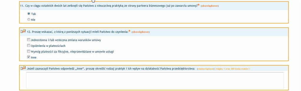 Następna część dotyczy nieuczciwych praktyk po zawarciu umowy i również wygląda identycznie jak poprzednie. Po zaznaczeniu odpowiedzi tak pojawią się dodatkowe pytania.