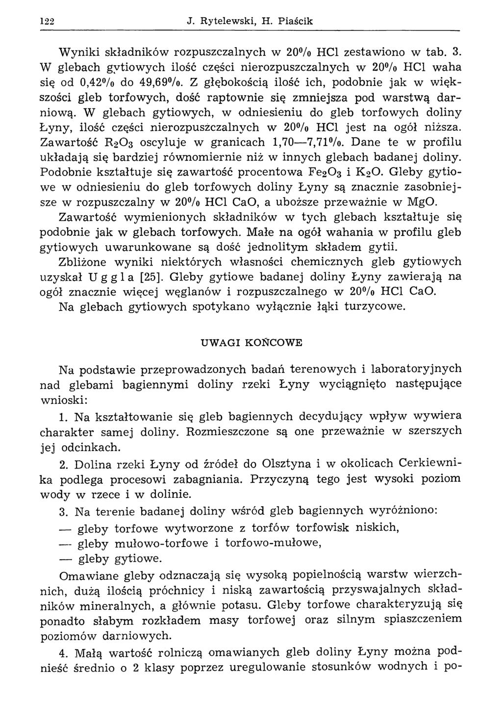 122 J. R ytelew ski, H. Piaścik Wyniki składników rozpuszczalnych w 20% HC1 zestawiono w tab. 3. W glebach gytiowych ilość części nierozpuszczalnych w 20% HC1 waha się od 0,42% do 49,69%.