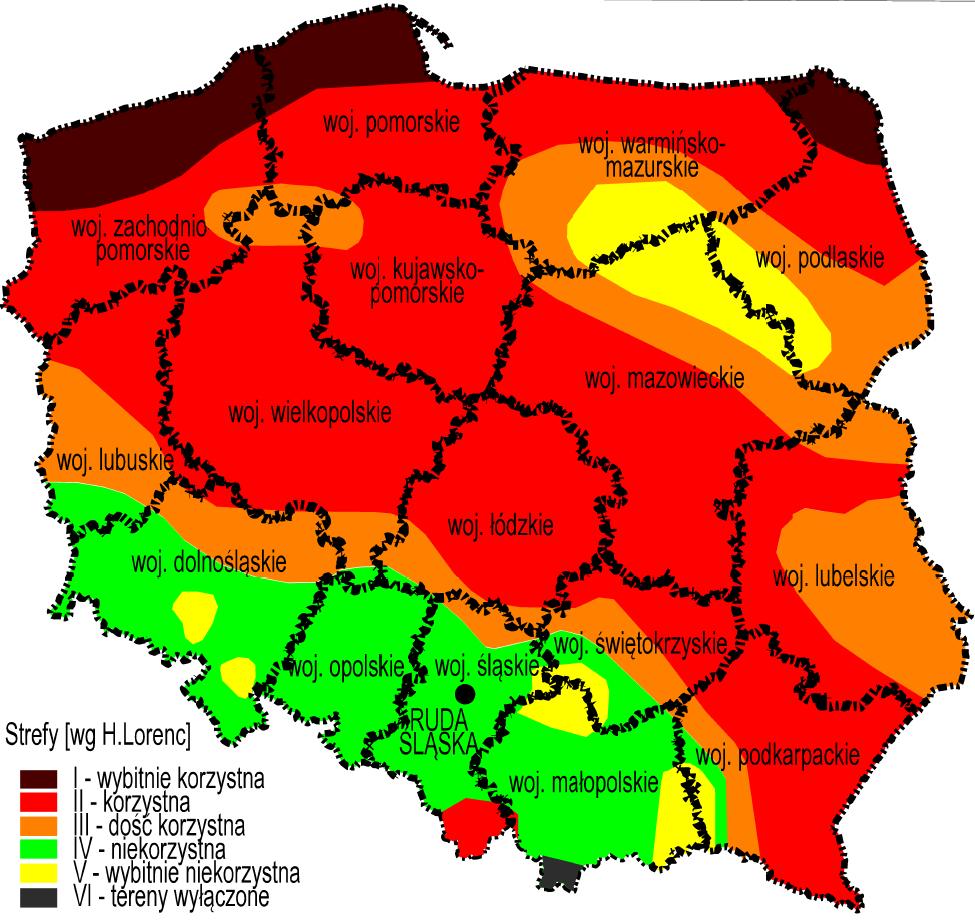 Rysunek 9-1. Strefy energetyczne wiatru na obszarze Polski (wg prof. H. Lorenc) Źródło: Opracowanie własne na podstawie Halina Lorenc, IMGW, 2001 r.