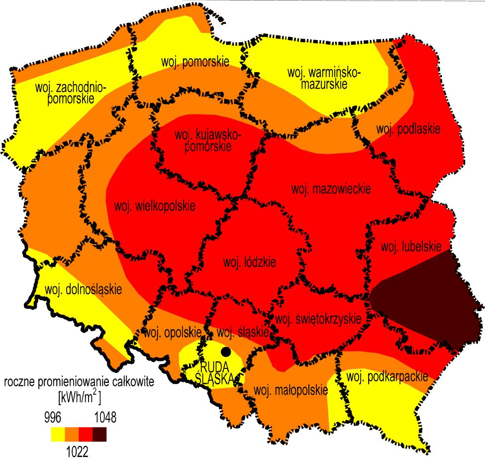 Ruda Śląska położona jest w rejonie, w którym nasłonecznienie jest umiarkowane (rejon górnośląski). Rysunek 9-3.