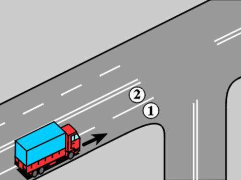C033 640 W tej sytuacji, jeżeli wymiary samochodu ciężarowego uniemożliwiają skręcenie w prawo z pasa 1, to kierujący nim: A. może skręcić w prawo z pasa 2 Tak B.