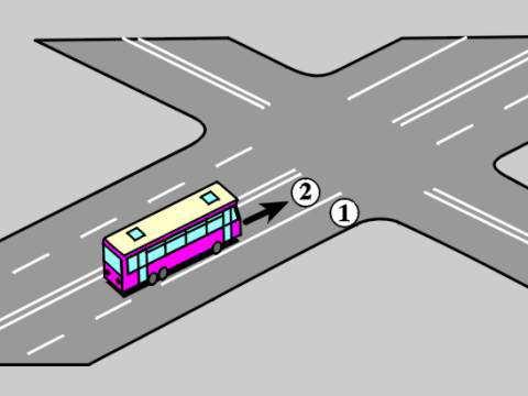 D040 837 W tej sytuacji, jeżeli wymiary autobusu uniemożliwiają skręcenie w lewo z pasa 2, to kierujący nim: A. nie może skręcić w lewo z pasa 1 Tak B.