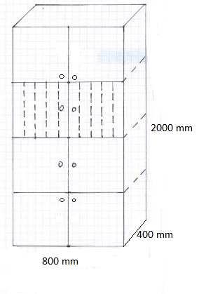 Szkic poglądowy 10 Szafa wysoka ze schowkami 2000x800x400 13 - konstrukcja płyta wiórowa laminowana grubości 18 mm w klasie higieniczności E1, wąskie płaszczyzny wykonane z obrzeża PCV gr.