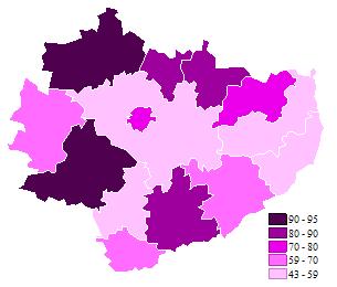 2. Zachorowalność na inwazyjnego raka piersi (C50) na podstawie współczynników surowych (CR) w powiatach województwa świętokrzyskiego, 1999 Mapa 3.