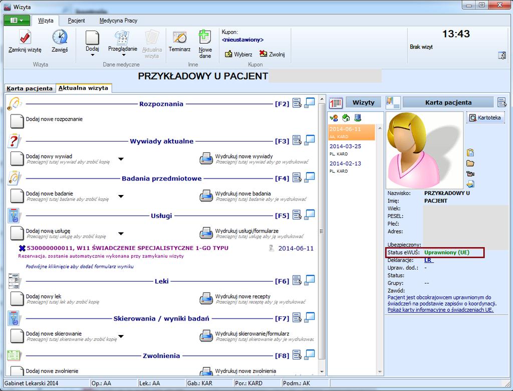 Przykład: wyświetlony status, potwierdzający uprawnienie do świadczeń na postawie przepisów o koordynacji (informacja wyświetlana jest w kolorze zielonym).