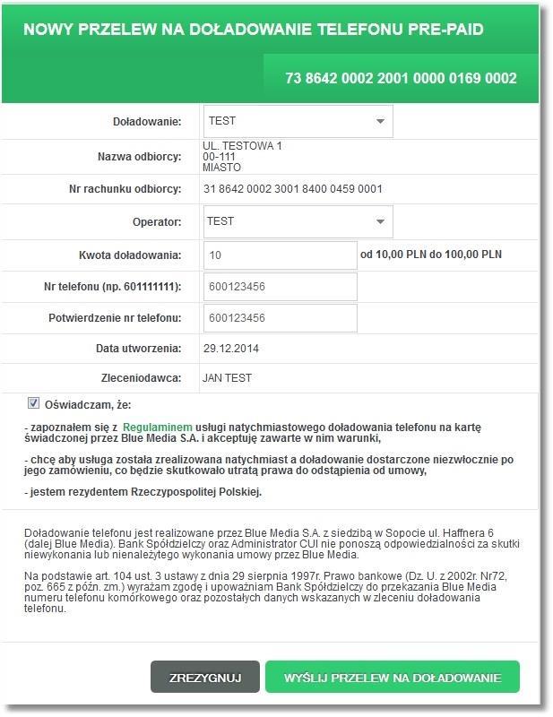 Formatka nowego przelewu środków na doładowanie telefonu pre-paid zawierająca następujące dane:: nazwa doładowania w polu z etykietą Doładowanie (jeśli doładowanie zostało wybrane z listy), nazwę