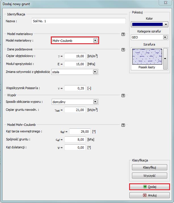 Definiowanie parametrów gruntu Uwaga: Model sprężysty zakłada zachowanie gruntu zgodnie z prawem Hooke'a (jako materiału idealnie sprężystego).