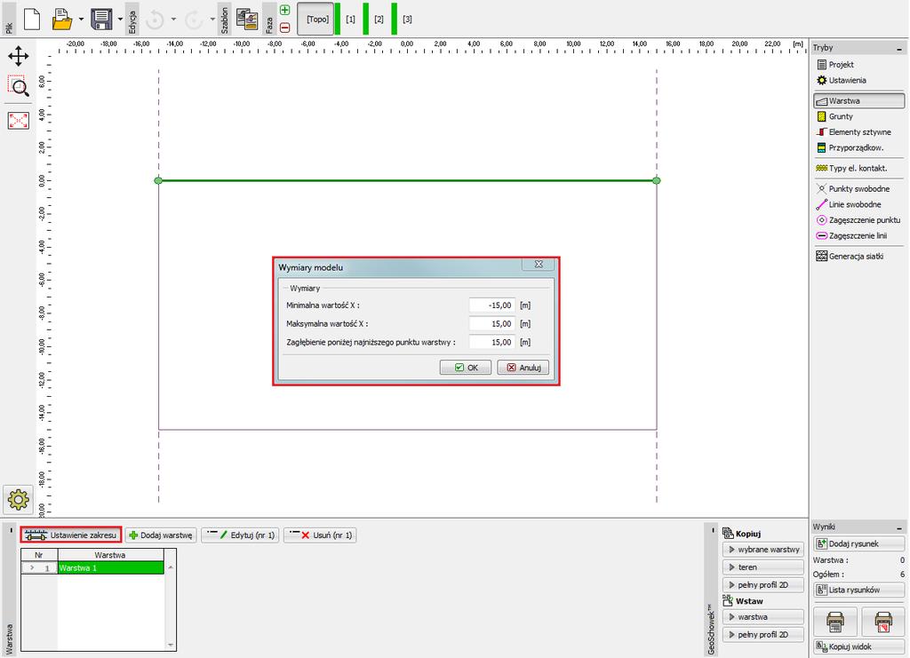 W kolejnym kroku, zdefiniujemy wymiary modelu (rozmiar modelu numerycznego rozwiązywanego problemu) oraz warstwy (wydzielenia geotechniczne).