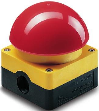 eu/rmq Duże przyciski ręczne i nożne z czerwoną powierzchnią aktywacji na żółtej podstawie są dopuszczone do użytku jako przyciski zatrzymania awaryjnego.