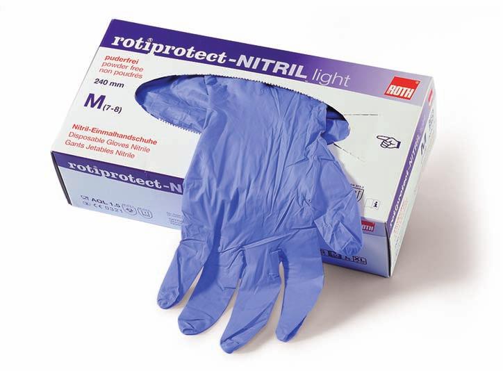 Rękawice Rotiprotect -Nitril light Rękawice jednorazowe z nitrylu, bezpudrowe -45 % Zgodne z 89/686/EWG, CE kategoria III, chronią przed wieloma zagrożeniami Zgodne z EN 420, EN 455, EN 374 i ASTM-F