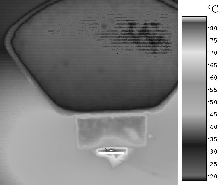 Termogramy powierzchni badanych elementów: a) diamentu, b) lasera, c) elementu odprowadzającego ciepło Na