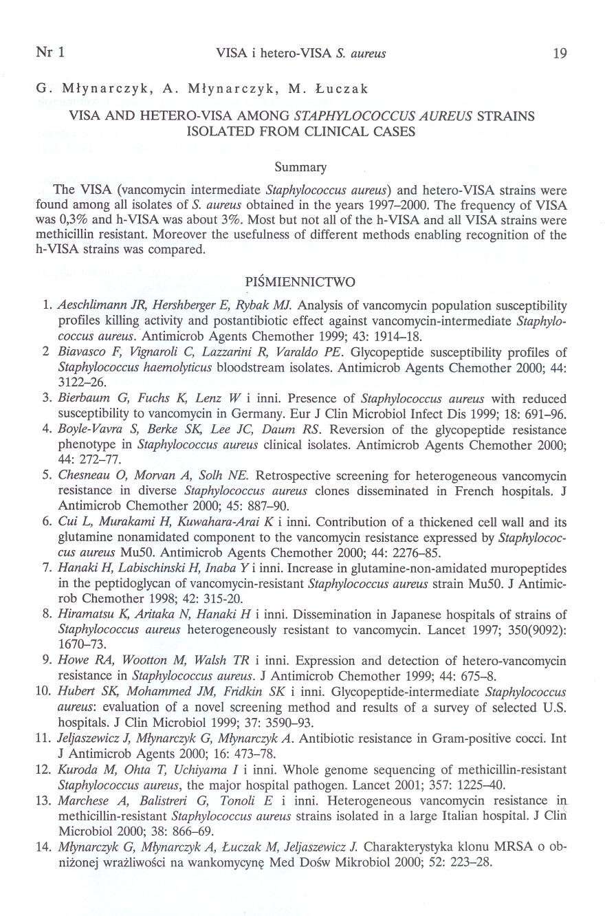 Nr 1 VISA i hetero-visa S. aureus 19 G. Mynarczyk, A. Mynarczyk, M.