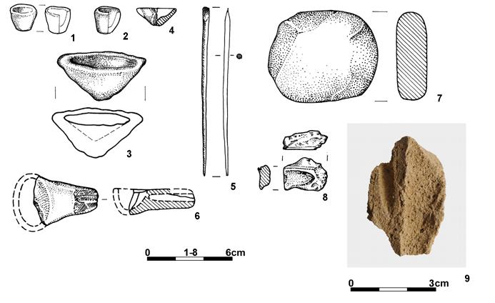 Fig. 5. Milejów, Łęczna county: clay crucibles 1, 2; Wieprzec, dist. Zamość: clay crucible 3; Żurawce, dist. Tomaszów Lubelski: clay crucible 4; Stary Machnów, dist.