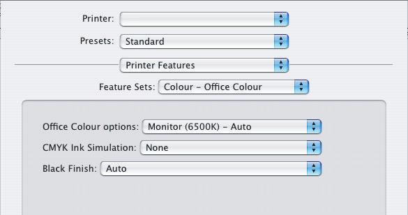 MAC OS X (KOLOR BIUROWY) 1. W menu [Plik] wybierz polecenie [Drukuj]. 1 2 3 4 2. W menu [Drukarka] (1) wybierz model drukarki. 3. W następnym menu (2) wybierz polecenie [Funkcje drukarki].