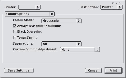 MAC OS 9 1. W aplikacji wybierz menu [Plik] [Drukuj]. 1 2 3 4 2. W menu [Drukarka] (1) wybierz model drukarki. 3. W następnym menu (2) wybierz polecenie [Opcje kolorów].
