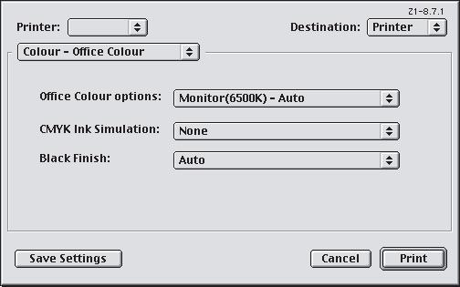 MAC OS 9 1. Wybierz menu [Plik] [Drukuj]. 2 1 3 4 5 2. W menu [Drukarka] (1) wybierz model drukarki. 3. Wybierz menu [Opcje kolorów] (2). 4. W menu [Tryb kolorów] (3) wybierz pozycję [Kolor biurowy].