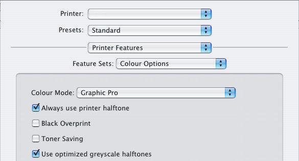 MAC OS X 1. Wybierz menu [Plik] [Drukuj]. 2. W menu [Drukarka] (1) wybierz model drukarki. 1 2 3 4 3. Wybierz menu [Funkcje drukarki] (2). 4. W menu [Zestawy funkcji] (3) wybierz pozycję [Opcje kolorów].