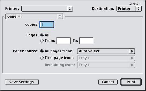 MAC OS9.X 1. Wybierz menu [Plik] [Drukuj]. 1 2 3 2. W menu drukarki (1) wybierz model drukarki. 3. Wybierz menu [Ogólne] (2). 4.