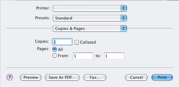 MAC OS X 1. Wybierz menu [Plik] [Drukuj]. 1 2 3 2. W menu drukarki (1) wybierz model drukarki. 3. Wybierz menu [Kopie i strony] (2).