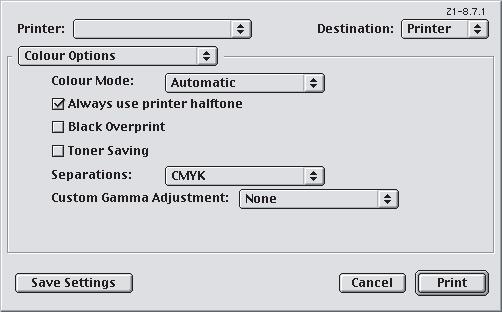 MAC OS9 1. Wybierz menu [Plik] [Drukuj]. 1 2 3 2. W menu drukarki (1) wybierz model drukarki. 3. Wybierz menu [Opcje kolorów] (2).