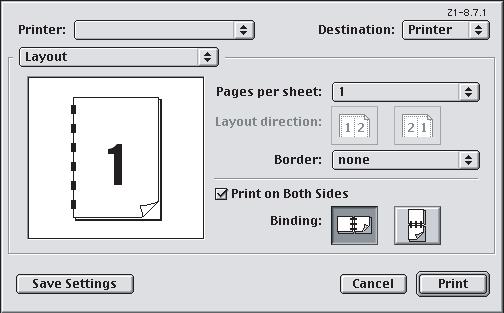 MAC OS 9 1. W aplikacji wybierz menu [Plik] [Drukuj]. 1 2 3 4 2. W menu [Drukarka] (1) wybierz model drukarki. 3. Wybierz menu [Układ] (2). 4. Zaznacz pole wyboru [Drukuj po obu stronach] (3). 5.