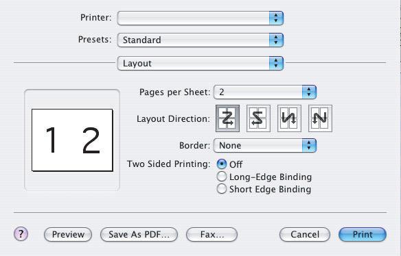 2. W menu [Drukarka] (1) wybierz model drukarki. 3. Wybierz menu [Układ] (2). 4. W menu [Stron na arkusz] (3) wybierz liczbę stron, która ma zmieścić się na jednym arkuszu papieru. 5.
