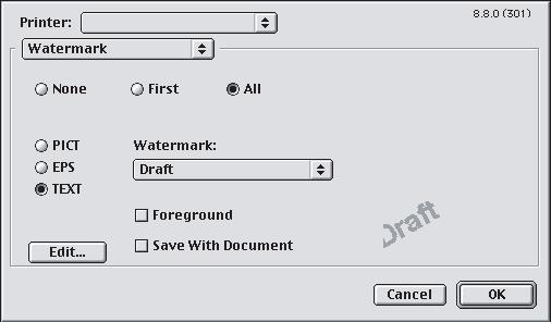 MAC OS 9 Ilustracje przedstawiają sterownik Adobe PostScript. Funkcja znaków wodnych jest niedostępna w sterowniku Apple LaserWriter. 1.