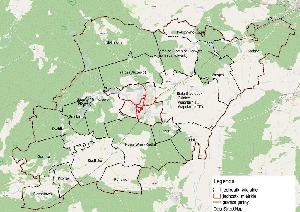 Rysunek 1. Analizowane jednostki w gminie Trzcianka. Źródło: opracowanie własne na podkładzie www.