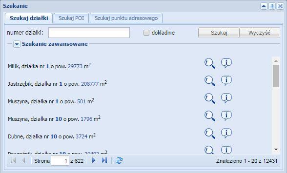 Wyszukiwanie Portal umożliwia wyszukiwanie różnych obiektów przestrzennych. W zależności od zakresu tematycznego opcje wyszukiwarki mogą się od siebie różnić.