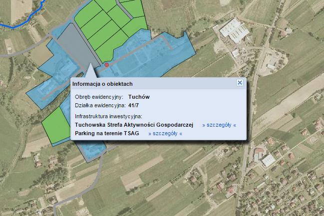 Informacja o obiektach Kliknięcie lewym przyciskiem myszy w dowolnym miejscu na mapie spowoduje wyświetlenie informacji o obrębie ewidencyjnym oraz numerze działki.