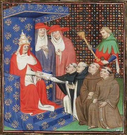 Papież Innocenty IV wysyła dwóch dominikanów i dwóch franciszkanów do Mongołów (iluminacja autorstwa Mistrza Cité des Dames do dzieła Wincentego z Beauvais Le Miroir Historial, t. IV, ok. 1400-1410).