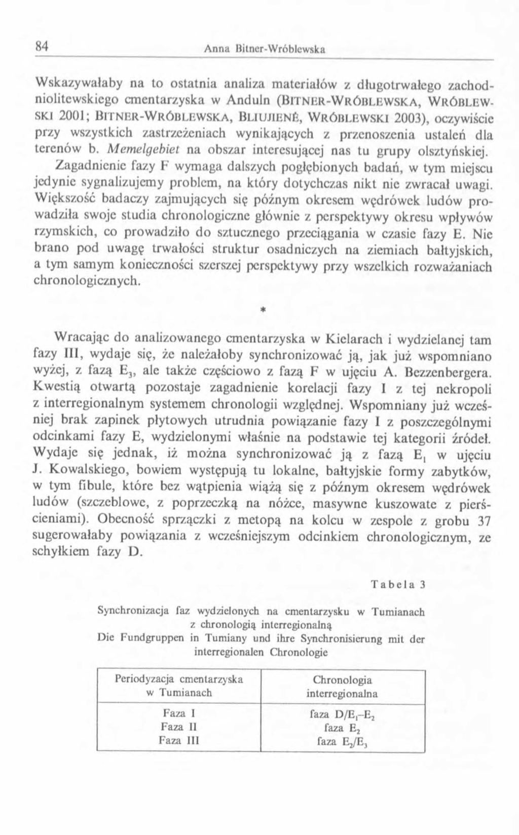 Wskazywałaby na to ostatnia analiza materiałów z długotrwałego zachodniolitewskicgo cmentarzyska w Anduln ( B i t n e r - W r ó b l e w s k a, W r ó b l e w - s k i 2001; B i t n e r - W r ó b l e w