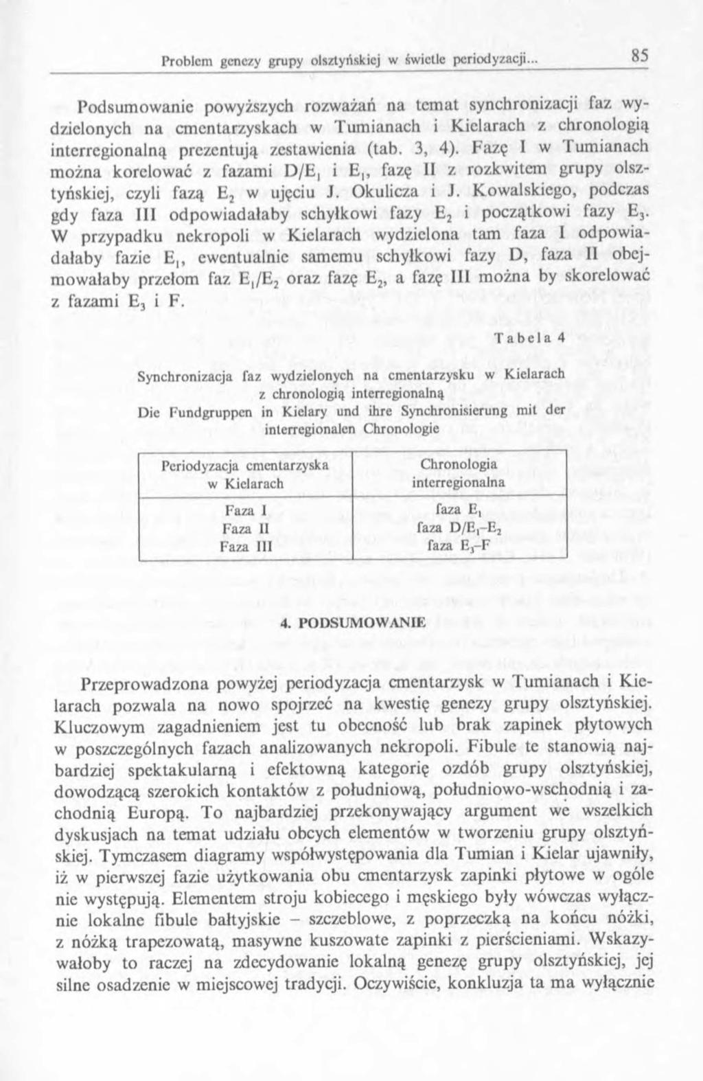 Podsumowanie powyższych rozważań na tem at synchronizacji faz wydzielonych na cmentarzyskach w Tumianach i Kielarach z chronologią intcrrcgionalną prezentują zestawienia (tab. 3, 4).