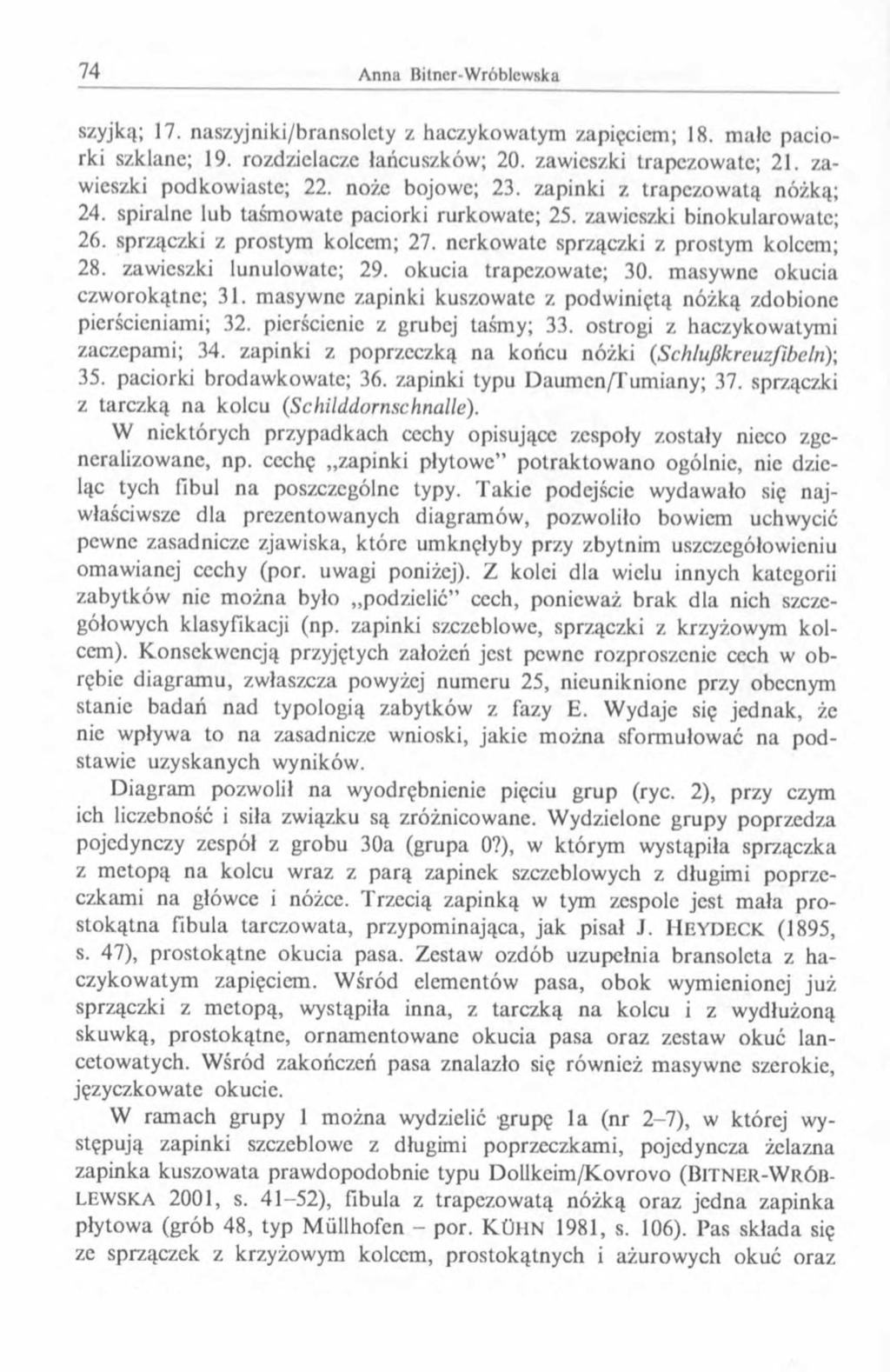 szyjką; 17. naszyjniki/bransolety z haczykowatym zapięciem; 18. małe paciorki szklane; 19. rozdzielacze łańcuszków; 20. zawieszki trapczowatc; 21. zawieszki podkowiastc; 22. noże bojowe; 23.