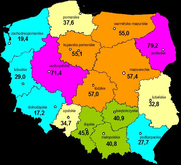 Polska 48,0 DJP /100 ha/ UR Obsada zwierząt (DJP/100 ha UR) (średnio