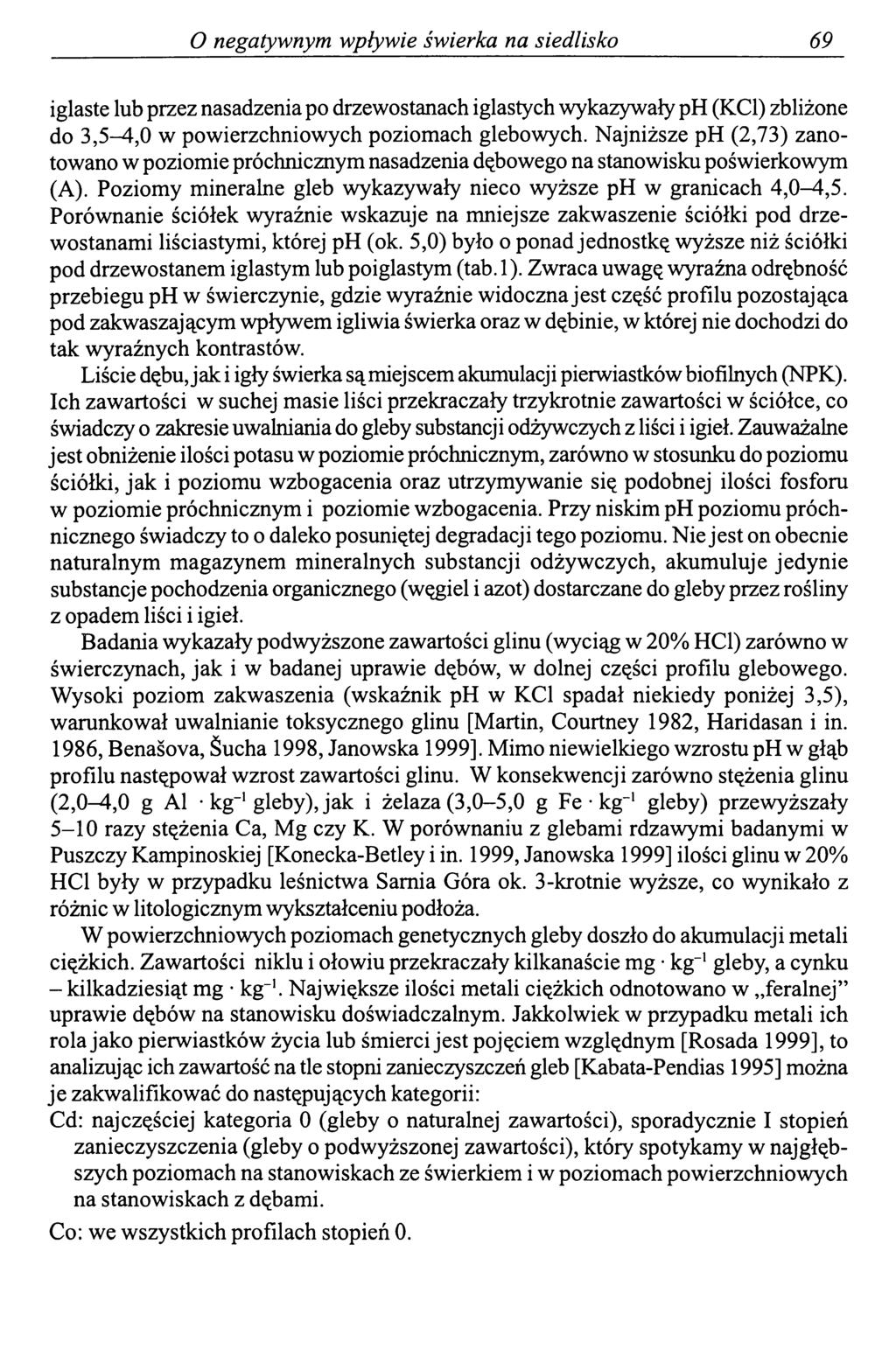 O negatywnym wpływie świerka na siedlisko 69 iglaste lub przez nasadzenia po drzewostanach iglastych wykazywały ph (KC1) zbliżone do 3,5-4,0 w powierzchniowych poziomach glebowych.