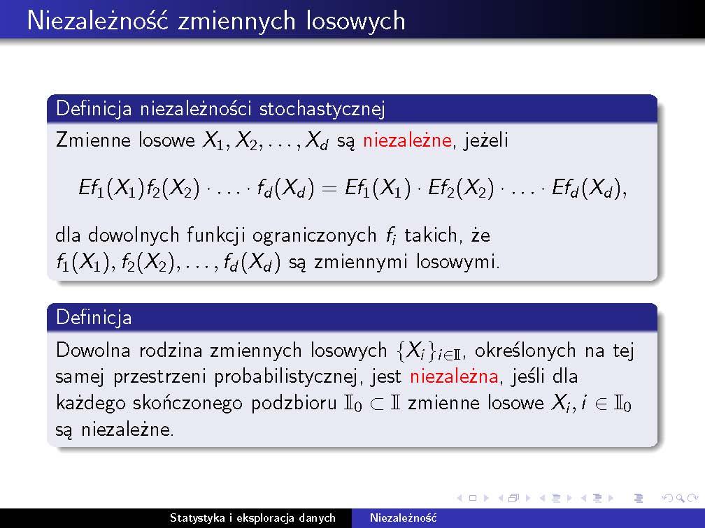 Niezależność zmiennych losowych 21 Niezależność zmiennych losowych Uwaga: Jeżeli rodzina {X i } i II jest niezależna, to niezależna jest również każda rodzina postaci {g i (X i )} i II. 4.