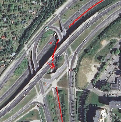 Rysunek 54: Utrata ciągłości w tunelu i pod wiaduktami węzła Alei Armii Krajowej i ulicy Witosa podczas przejazdu 5 i 6.
