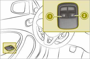 84 Korzystanie z dachu składanego (smart fortwo cabrio) >> Dobre samopoczucie wewnątrz pojazdu. Przyciski sterujące podnośnikami obu szyb bocznych znajdują się w drzwiach kierowcy.