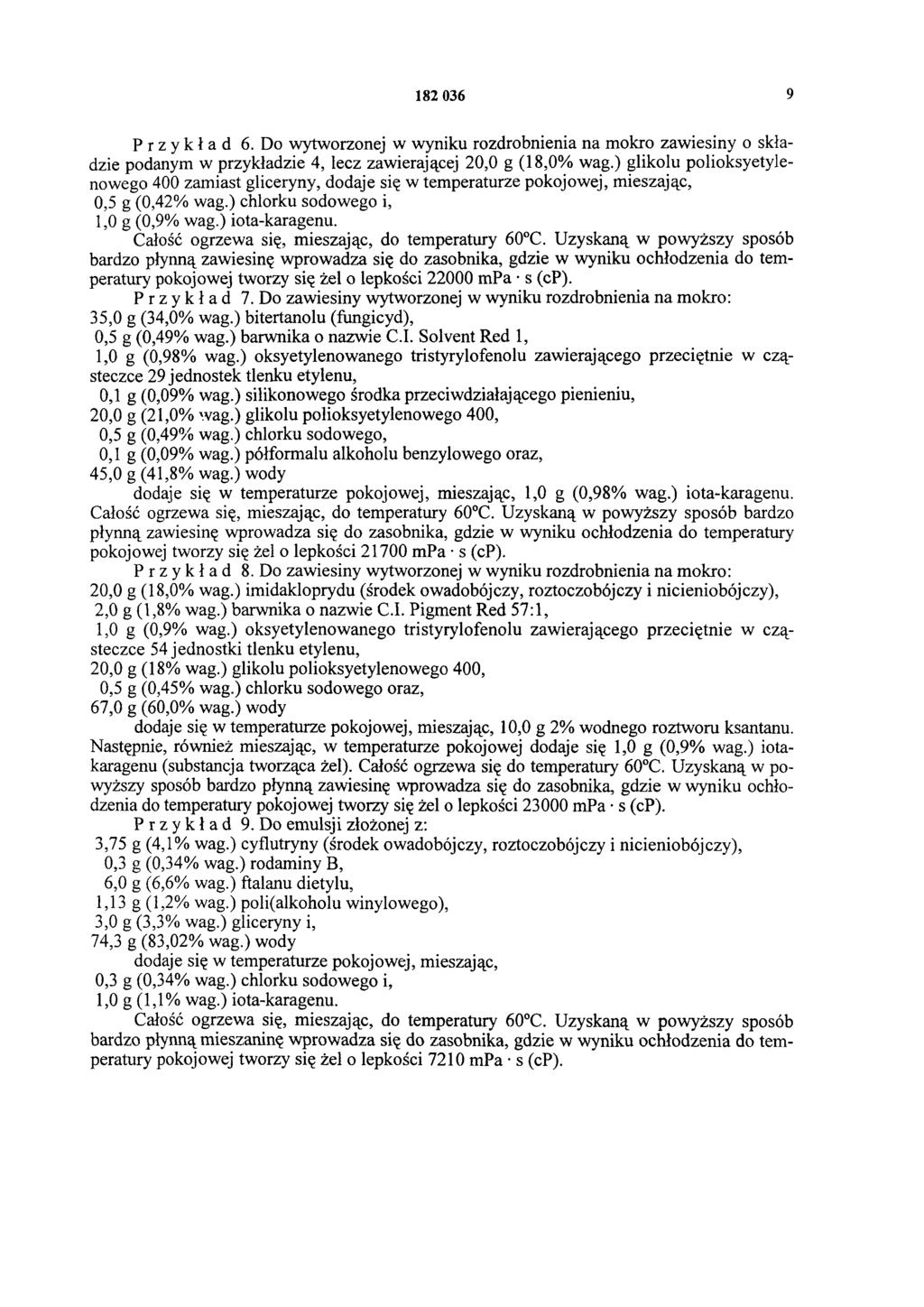 182 036 9 Przykład 6. Do wytworzonej w wyniku rozdrobnienia na mokro zawiesiny o składzie podanym w przykładzie 4, lecz zawierającej 20,0 g (18,0% wag.