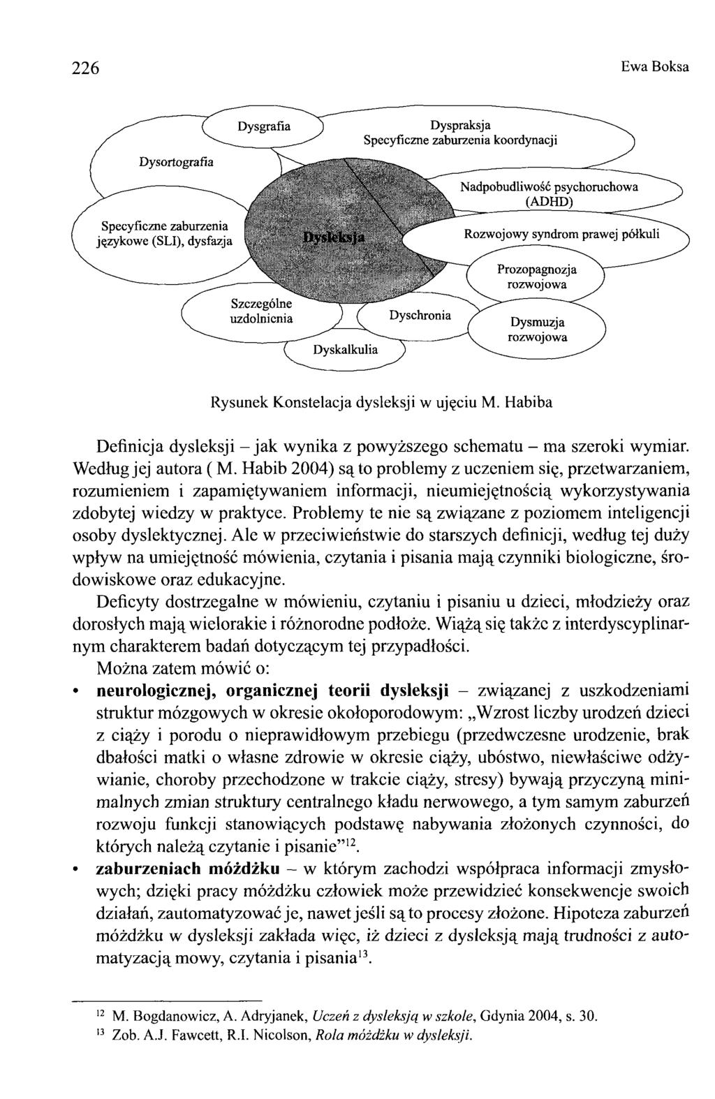 226 Ewa Boksa Rysunek K onstelacja dysleksji w ujęciu M. Habiba Definicja dysleksji - jak wynika z powyższego schematu - ma szeroki wymiar. Według jej autora ( M.