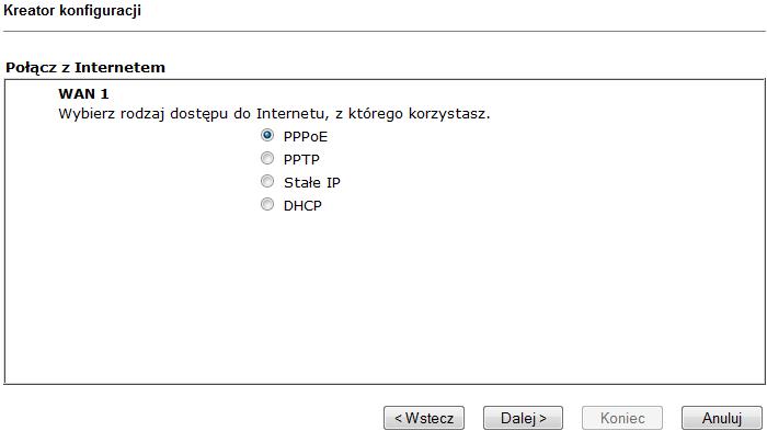 7. Na następnej stronie, tak jak to pokazano poniżej, należy wybrać właściwy rodzaj dostępu do Internetu