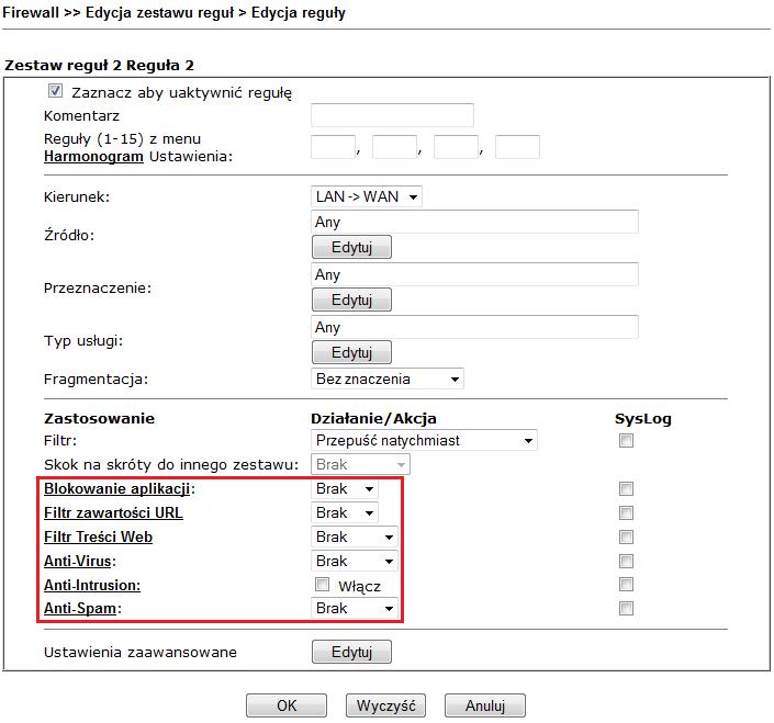 Dla pozostałych funkcji wybierz stworzony wcześniej profil. Następnie kliknij OK. 2. Reguła filtru danych Przejdź do zakładki Firewall>>Ustawienia ogólne.