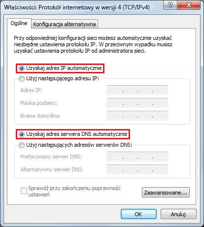 Pojawi się nowe okno w którym zaznacz Uzyskaj adres IP automatycznie