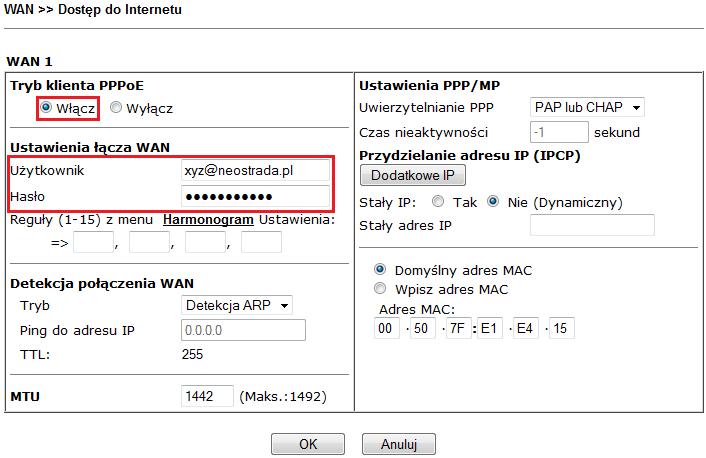 Użytkownicy PPPoE 1. Sprawdź czy opcja Włącz jest zaznaczona. 2.